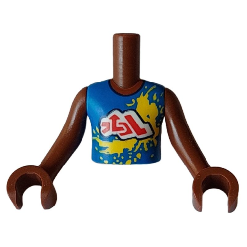 Деталь LEGO FTBpb091c01 Torso Mini Doll Boy Blue Sleeveless Shirt with Yellow Splotches and White Cloud with Red Symbols Pattern, Reddish Brown Arms with Hands