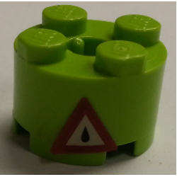 Brick, Round 2 x 2 with Axle Hole with Dark Red Triangle Danger Sign with Oil Drop Pattern (Sticker) - Sets 7298 / 7477