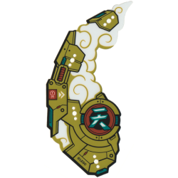 Plastic Part for Set 80045 - Gold Mechanical Panel with Red Circle and Vent, White Clouds, and Dark Turquoise Chinese Logogram, LEGO Copyright on Bottom Left Pattern