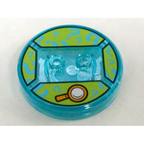 Деталь LEGO 18605c01pb17 Dimensions Toy Tag 4 x 4 x 2/3 with 2 Studs and Trans-Light Blue Bottom with Orange Magnifying Glass and Medium Azure Question Marks on Lime Background Pattern (Shaggy)