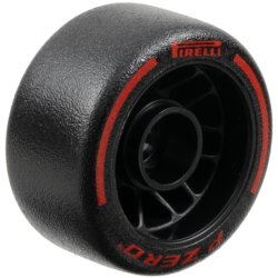 Wheel 24 x 13.4 with Pin Hole with Molded Black Hard Rubber Tire and Printed Red 'PIRELLI', 'P ZERO' and Arcs Pattern Wheel 24 x 13.4 with Pin Hole with Molded Black Hard Rubber Tire and Printed Red 'PIRELLI', 'P ZERO' and Arcs Pattern
