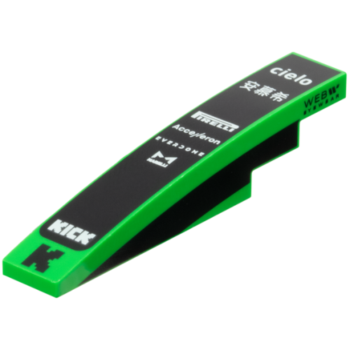 Деталь LEGO 6801pb05 Slope, Curved 6 x 1 with White 'cielo', '安慕希', 'PIRELLI', 'Accelleron', 'EVERDOME', 'MARELLI' and 'KICK' Logos on Black Background, Pixelated Capital Letter K, Stripe and 'WEB EYEWEAR' on Both Sides Pattern