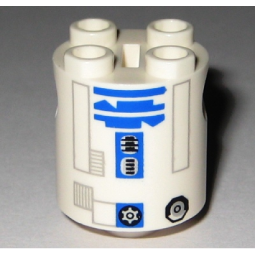 Деталь LEGO 30361cpb004 Brick, Round 2 x 2 x 2 Robot Body with Bottom Axle Holder (x Shape / + Orientation) with Light Bluish Gray Rectangle Outlines and Blue Pattern (SW R2-D2 Clone Wars)