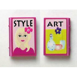 Minifigure, Utensil Book 2 x 3 with 'STYLE', 'ART', Girl and Vases on Outside and Red Clothes and Woman in Dark Purple Skirt on Inside Pattern (Stickers) - Set 7586 Minifigure, Utensil Book 2 x 3 with 'STYLE', 'ART', Girl and Vases on Outside and Red Clothes and Woman in Dark Purple Skirt on Inside Pattern (Stickers) - Set 7586