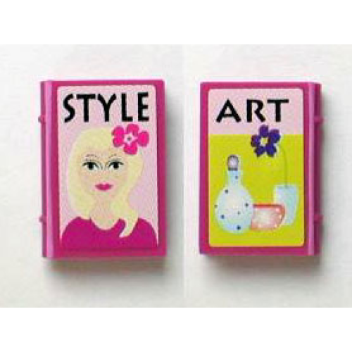 Деталь LEGO 33009pb022 Minifigure, Utensil Book 2 x 3 with 'STYLE', 'ART', Girl and Vases on Outside and Red Clothes and Woman in Dark Purple Skirt on Inside Pattern (Stickers) - Set 7586