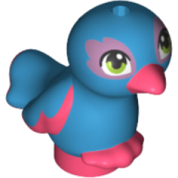 Bird, Friends Style, Feet Joined with Molded Coral Beak, Feathers and Toes and Printed Lime Eyes and Metallic Pink Eye Patches Pattern