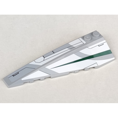 Деталь LEGO 50955pb012 Wedge 10 x 3 Left with Jedi Starfighter White Hull Panels and Dark Green Tapered Stripe Pattern (Stickers) - Set 7868