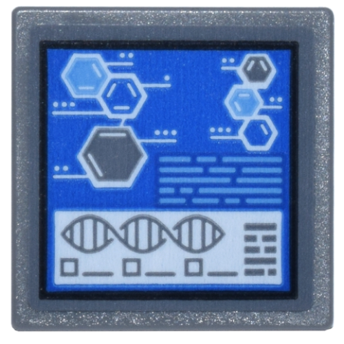 Деталь LEGO 15210pb175 Road Sign 2 x 2 Square with Open O Clip with Digital Display Chemical Symbols on Blue Background and Double Helix Pattern (Sticker) - Set 76269