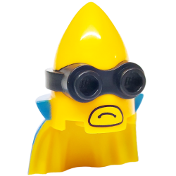 Minifigure, Head, Modified Minion, Pointed with Cape with Molded Black Goggles and Printed Blue Cape and Yellow Mouth Pattern