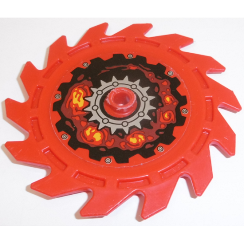 Деталь LEGO 61403pb06 Technic Circular Saw Blade 9 x 9 with Pin Hole and Teeth in Same Direction with Silver Gear, Rivets and Lava Energy Pattern (Sticker) - Set 70323