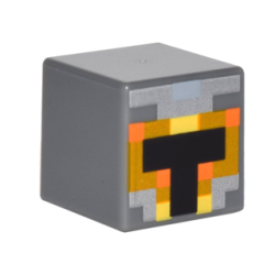Minifigure, Head, Modified Cube with Pixelated Orange, Silver and Yellow Knight Helmet with Black Opening Pattern (Minecraft Skin)
