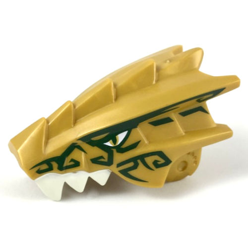Деталь LEGO 40933pb01 Dragon Head (Ninjago) Jaw Upper with White Teeth, Gold Eyes, and Dark Green Decorations Pattern