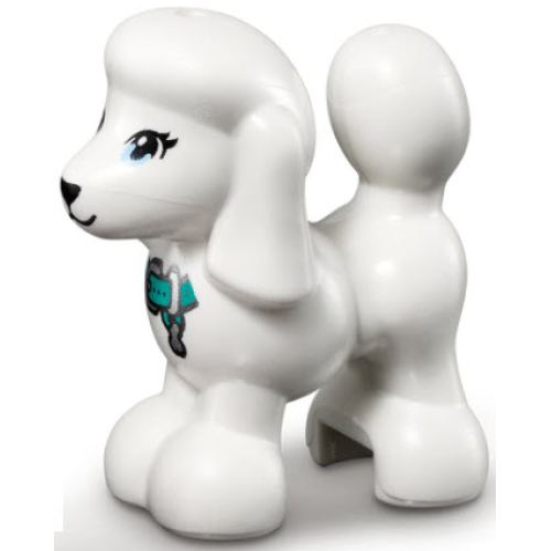 Деталь LEGO 11575pb04 Dog, Friends Style, Poodle with Bright Light Blue Eyes with Eyelashes, Black Nose, Dark Turquoise Collar with Silver Buckle and Tag Pattern