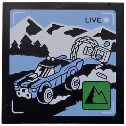 Tile 4 x 4 with 'LIVE' Broadcast with Bright Light Blue Car and Side Road, Black and White Mountains, Green Icon with Mountains Pattern