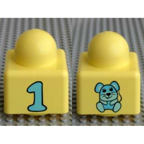 Деталь LEGO 49256px5 Primo Brick 1 x 1 with Number 1 and Mouse Pattern on Opposite Sides
