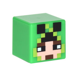 Minifigure, Head, Modified Cube with Pixelated Light Nougat Face, Black Eyes, Dark Brown Eyebrows and Mouth, and Creeper Hood Pattern (Minecraft Skin)