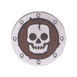 Minifigure, Shield Circular / Round Flat Face with Skull Pattern Minifigure, Shield Circular / Round Flat Face with Skull Pattern