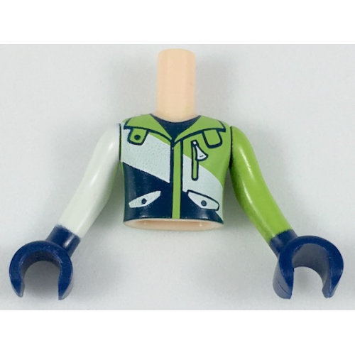 Деталь LEGO FTBpb032c01 Torso Mini Doll Boy Lime, White, and Dark Blue Jacket Pattern, Lime Arm with Dark Blue Hand Left, White Arm with Dark Blue Hand Right