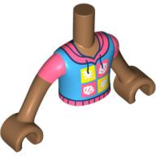 Деталь LEGO FTBpb081c01 Torso Mini Doll Boy Dark Azure and Coral Hoodie with White and Yellow Squares Pattern, Medium Nougat Arms with Hands with Coral Short Sleeves