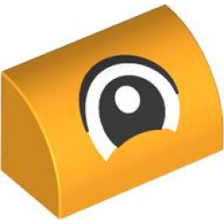 Slope, Curved 1 x 2 with Bottom Stud Holder with Black and White Eye Pattern - Bright Light Orange Slope, Curved 1 x 2 with Bottom Stud Holder with Black and White Eye Pattern - Bright Light Orange