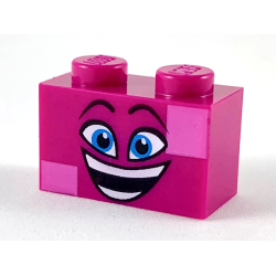 Brick 1 x 2 with Black Raised Eyebrows, Dark Azure Eyes, Open Mouth Smile with Teeth, and Dark Pink Squares Pattern (Queen Watevra Wa'Nabi Face)