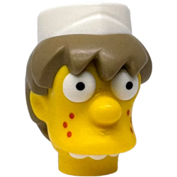 Minifigure, Head, Modified Simpsons Squeaky-Voiced Teen with Molded Dark Tan Hair and White Cap, Eyes and Teeth and Printed Pupils and Reddish Orange Freckles Pattern
