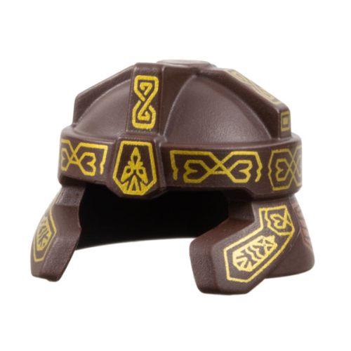 Деталь LEGO 2675pb01 Minifigure, Headgear Helmet Castle with Cheek and Neck Protection with Gold Ornaments and Copper Armor Panels Pattern (Gimli)