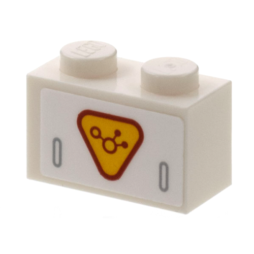 Деталь LEGO 3004pb264 Brick 1 x 2 with Bright Light Orange Triangle, Dark Red Border and Molecule Pattern (Sticker) - Set 76831