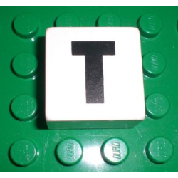 Duplo, Tile 2 x 2 x 1 with Black Capital Letter T Pattern Duplo, Tile 2 x 2 x 1 with Black Capital Letter T Pattern