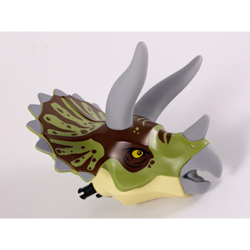 Деталь LEGO TriHeadc01pb02 Dinosaur Head Triceratops with Pin, Light Bluish Gray Horns and Beak, Olive Green Top with Dark Brown Pattern
