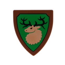 Minifigure, Shield Triangular Short with Forestmen Elk / Deer Head on Green Background with Black Outline Pattern Minifigure, Shield Triangular Short with Forestmen Elk / Deer Head on Green Background with Black Outline Pattern