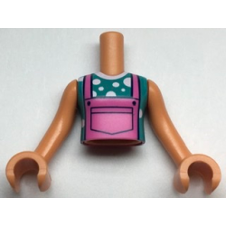 Torso Mini Doll Girl Dark Pink Overalls over Dark Turquoise and White Polka Dots T-Shirt Pattern, Nougat Arms with Hands