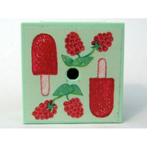 Деталь LEGO 33031pb09 Container, Box 3 1/2 x 3 1/2 x 1 1/3 with Hinged Lid with Raspberries and Ice Pop (Freezer / Lollipop / Lolly / Pole / Popsicle / Stick) Pattern (Sticker) - Set 3116
