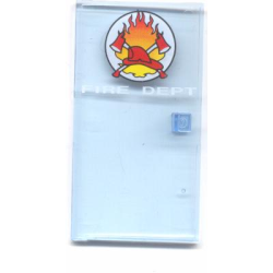 Door 1 x 4 1/2 x 6 with White 'FIRE DEPT' and Circle Symbol with Fire, Crossed Axes, and Red Helmet Pattern Door 1 x 4 1/2 x 6 with White 'FIRE DEPT' and Circle Symbol with Fire, Crossed Axes, and Red Helmet Pattern