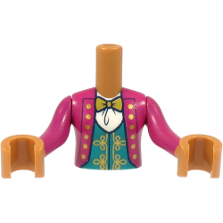 Torso Mini Doll Girl Magenta Jacket with Gold Buttons and Bow Tie, Dark Turquoise Vest Pattern, Medium Nougat Arms with Hands with Magenta Sleeves