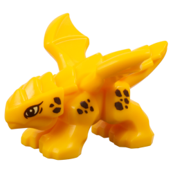 Dragon, Baby with 4 Feet and Open Wings with Bright Light Yellow Eyes and Reddish Brown Scales Pattern