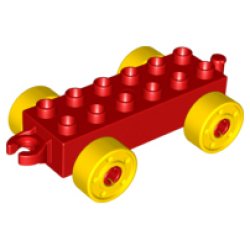Duplo Car Base 2 x 6 with Open Hitch End and Yellow Wheels with Fake Bolts - Red Duplo Car Base 2 x 6 with Open Hitch End and Yellow Wheels with Fake Bolts - Red