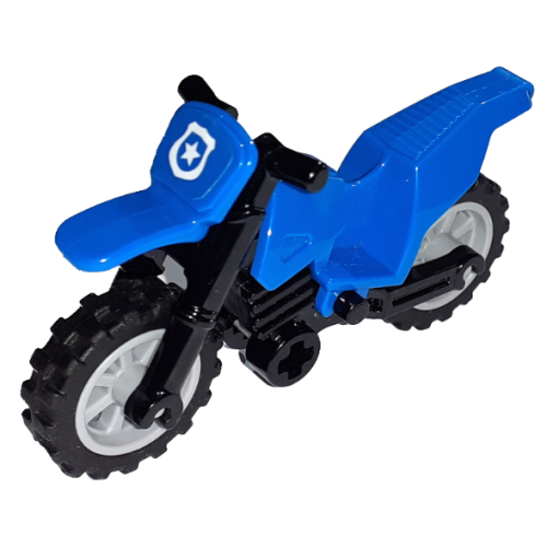 Деталь LEGO 50860c11pb09 Motorcycle Dirt Bike with Black Chassis (Long Fairing Mounts) and Light Bluish Gray Wheels with White Police Star Badge on Blue Background Pattern (Sticker) - Sets 60170 / 60172