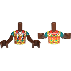 Torso Mini Doll Boy Yellow Hoodie with Red, White, Dark Orange and Dark Turquoise Geometric Shapes, Red Hood with Strings Pattern, Reddish Brown Arms with Hands with Dark Turquoise Short Sleeves