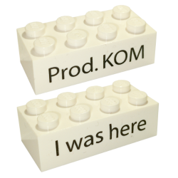 Brick 2 x 4 with Black 'I was here' Front and 'Prod. KOM' Back Kornmarken Factory Tour Pattern - White
