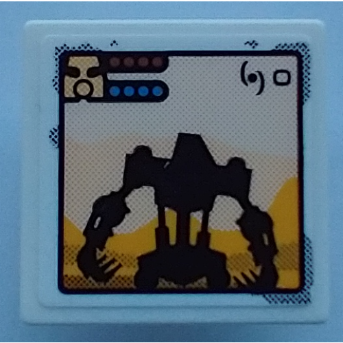 Деталь LEGO 15210pb095 Road Sign 2 x 2 Square with Open O Clip with Black Robot Silhouette (Bionicle Onua), Bright Light Orange Mountains, Mask, and Health Bars on Computer Screen Pattern (Sticker) - Set 70423