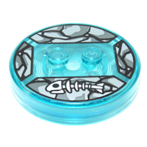 Деталь LEGO 18605c01pb36 Dimensions Toy Tag 4 x 4 x 2/3 with 2 Studs and Trans-Light Blue Bottom with White Fish Skeleton on Light Bluish Gray and Dark Bluish Gray Stones Background Pattern (Gollum)