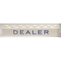 Brick 1 x 8 without Bottom Tubes with Cross Side Supports with Blue 'DEALER' Pattern