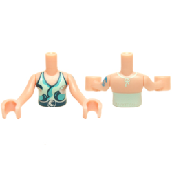 Torso Mini Doll Girl Light Aqua Halter Top with Dark Blue and Silver Pattern, Light Nougat Arms with Hands with Dark Azure Elves Tattoo Left