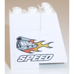 Stickered Assembly 4 x 2 x 3 1/3 with Engine, Flames, 'BSC', and 'SPEED' Pattern Model Left Side (Sticker) - Set 8154 - 1 Brick 1 x 2, 1 Brick 1 x 2 x 2 with Inside Axle Holder, 1 Plate 2 x 2 Corner, 1 Slope 75 2 x 2 x 3 - Hollow Studs