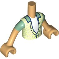 Torso Mini Doll Boy Yellowish Green Shirt with Sand Green Collar over White Undershirt Pattern, Medium Tan Arms with Hands with Sand Green Short Sleeves