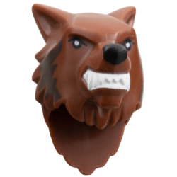 Minifigure, Head, Modified Wolf with Black Nose, White Teeth and Fangs, Dark Brown Fur Pattern Minifigure, Head, Modified Wolf with Black Nose, White Teeth and Fangs, Dark Brown Fur Pattern