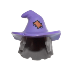 Minifigure, Hair Combo, Hair with Hat, Mid-Length Scraggly with Molded Dark Purple Floppy Witch Hat and Printed Orange Patch Pattern Minifigure, Hair Combo, Hair with Hat, Mid-Length Scraggly with Molded Dark Purple Floppy Witch Hat and Printed Orange Patch Pattern