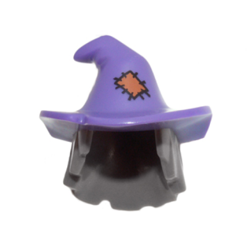 Деталь LEGO 20606pb01 Minifigure, Hair Combo, Hair with Hat, Mid-Length Scraggly with Molded Dark Purple Floppy Witch Hat and Printed Orange Patch Pattern