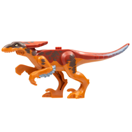 Деталь LEGO 77296pb01 Dinosaur Body Pyroraptor with Dark Red Top, Red and Dark Brown Markings, Sand Blue Feathers Pattern